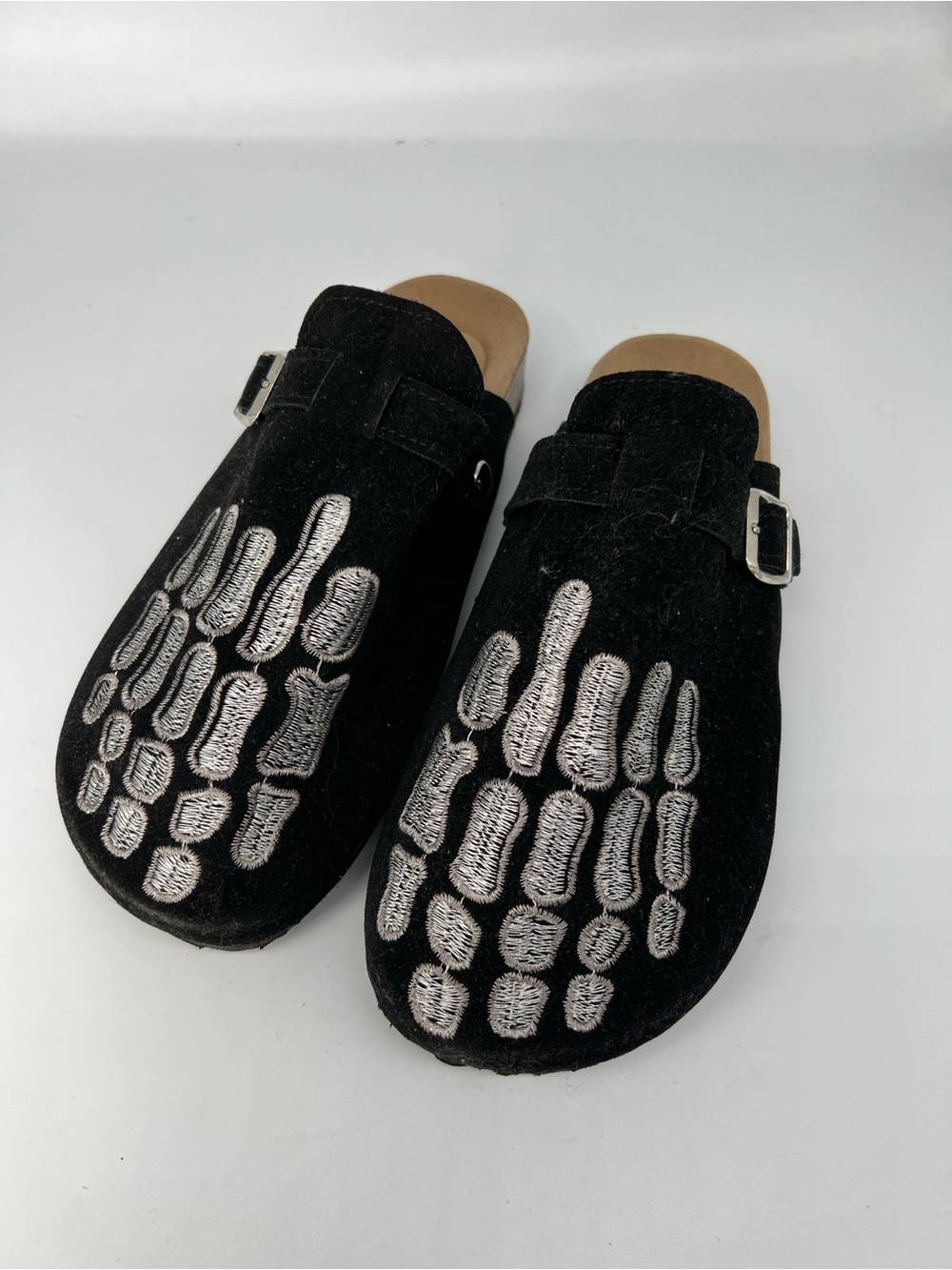 Black Suede Embroidered Slip-On skeleton Clog